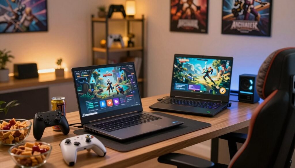 A cozy gaming setup with a focus on pre-game preparation tips. In the foreground, a sleek gaming desk holds a high-end gaming laptop open, displaying a vibrant game menu screen. Beside it, there are neatly organized items like a game controller, energy drinks, and snack bowls. In the middle, a chair with a comfortable cushion faces the laptop, hinting at an inviting atmosphere. The background features softly lit shelves with gaming memorabilia and a cozy wall decorated with posters of popular video games. The scene is warm and inviting, with soft ambient lighting creating a relaxed mood. The camera angle is slightly overhead, emphasizing the organized setup, while maintaining a focus on the gaming laptop.