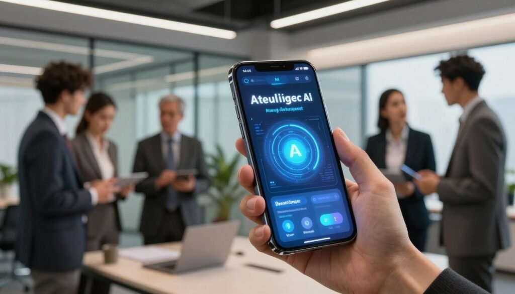 A modern smartphone showcasing advanced artificial intelligence features, prominently displayed in the foreground. The smartphone screen illuminates with futuristic AI interfaces, highlighting innovative apps and smart features like voice recognition and personalized assistance. In the middle ground, a diverse group of professionals in business attire engages with the smartphone, depicting collaboration and innovation. The background features a sleek, modern office environment with glass walls, greenery, and high-tech gadgets, conveying a sense of technological advancement. Soft, warm lighting enhances a professional atmosphere while focusing on the device and interactions. The angle captures the excitement and potential of AI technology in everyday mobile use.